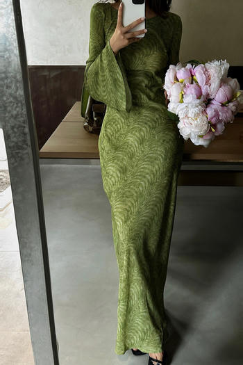 casual slight stretch crew neck batch printing long sleeve maxi dress