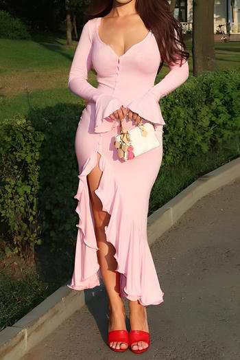 sexy slight stretch crew neck solid color ruffle slit maxi dress