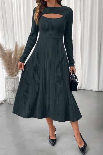 casual slight stretch solid color hollow crew neck midi dress
