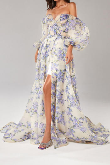 elegant plus-size non-stretch off-shoulder floral print maxi evening dress