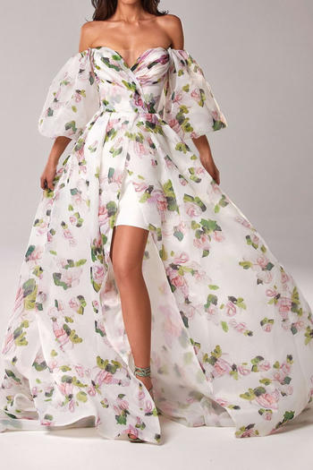 elegant plus-size non-stretch off-shoulder floral print maxi evening dress #1