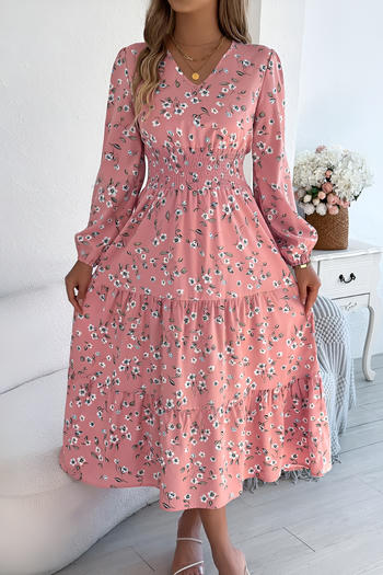 casual slight stretch floral printing 3 colors v-neck long sleeve midi dress