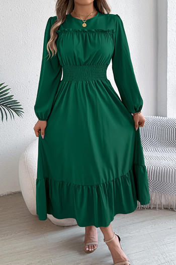 casual non-stretch 5 colors long sleeve smocked waist midi dress