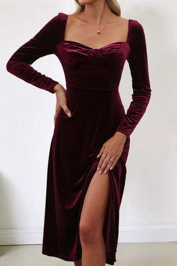casual slight stretch velvet square neck solid color slit midi dress