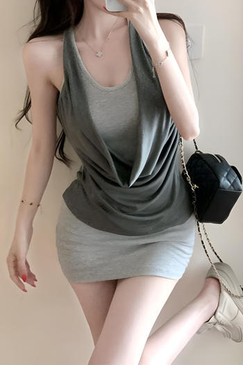 casual slight stretch contrast color halter-neck mini dress(size run small)