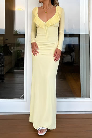 casual slight stretch solid color slim fit ruffle decor long sleeve maxi dress