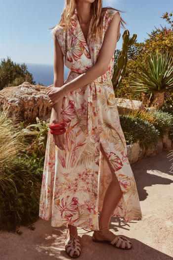 casual non-stretch flower leaf printing with belt maxi dress(size run small)