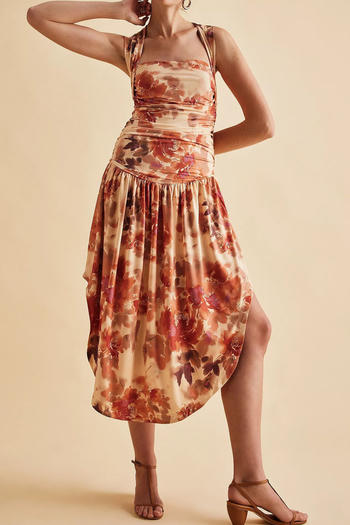 casual plus size slight stretch batch printing pleated asymmetry hem midi dress