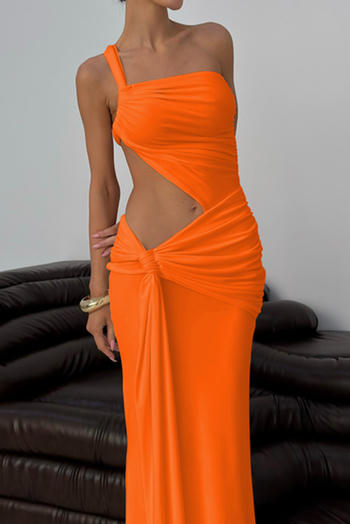 sexy slight stretch solid color one shoulder hollow drawstring maxi dress
