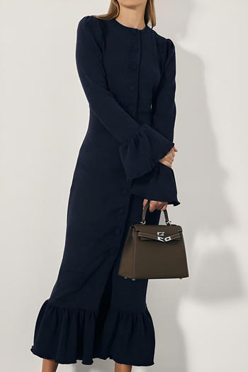 stylish slight stretch solid colour single-breasted bell-sleeve midi dress