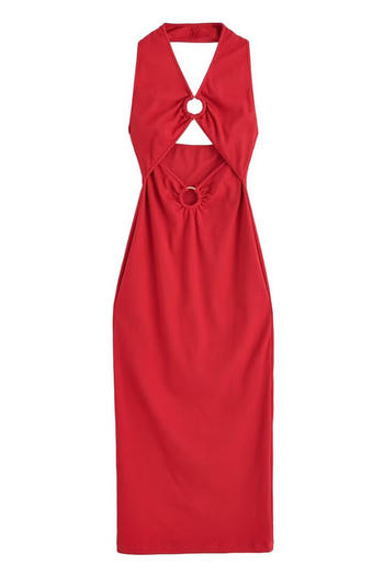 sexy non-stretch halter-neck solid color hollow midi dress