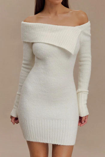 casual slight stretch solid color tight off-shoulder knitted mini dress