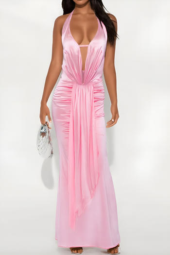 sexy slight stretch deep v-neck slim large backless shirring satin maxi dress