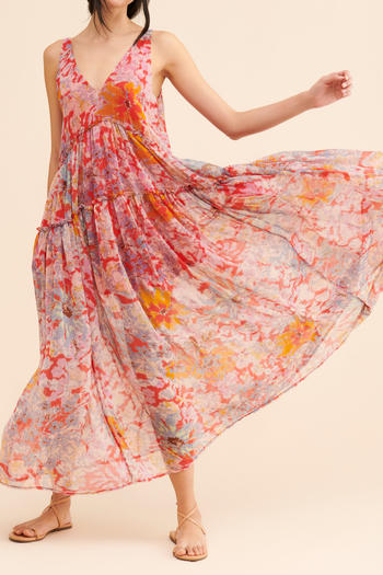 bohemian non-stretch sleeveless batch printing loose maxi dress