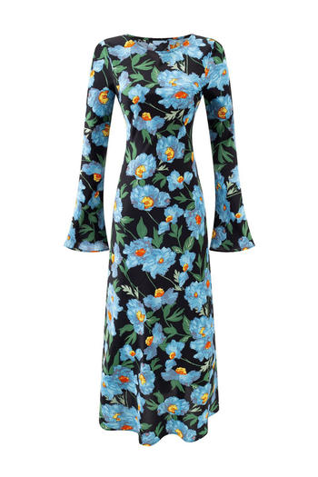 casual slight stretch crew neck flower batch printing midi dress(size run small)