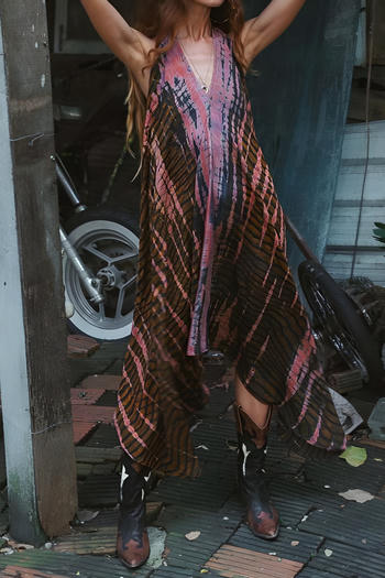 casual non-stretch halter neck deep v-neck printed large backless maxi dress #6