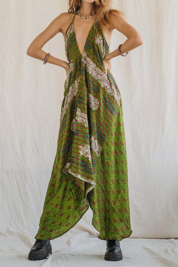 casual non-stretch halter neck deep v-neck printed large backless maxi dress #7