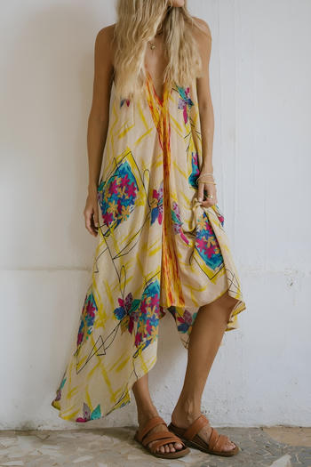 casual non-stretch halter neck deep v-neck printed large backless maxi dress #8