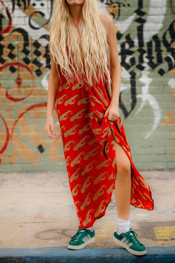 casual non-stretch halter neck deep v-neck printed large backless maxi dress #10