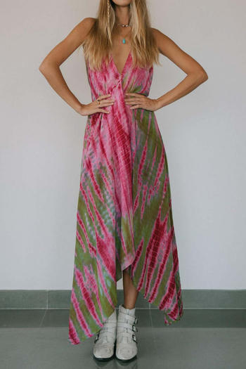 casual non-stretch halter neck deep v-neck printed large backless maxi dress #11