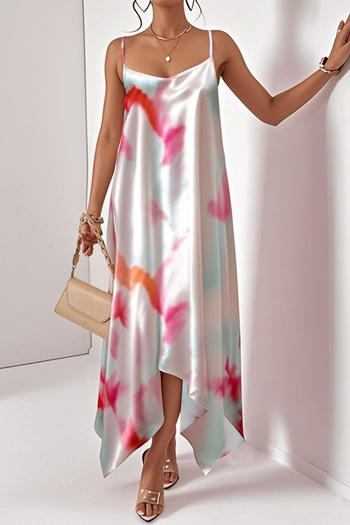 casual non-stretch tie-dye print sling loose satin maxi dress
