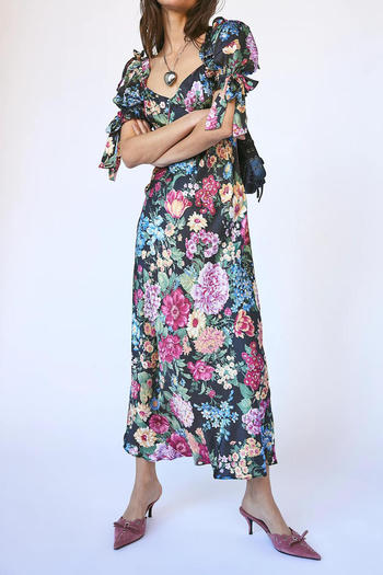 casual non-stretch retro flower batch printing short-sleeved maxi dress