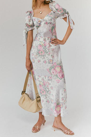 casual non-stretch retro flower batch printing short-sleeved maxi dress #1