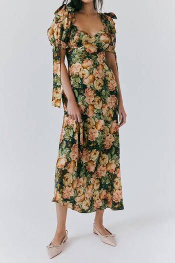 casual non-stretch retro flower batch printing short-sleeved maxi dress #3