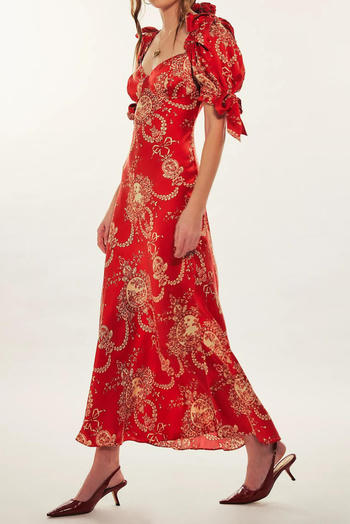 casual non-stretch retro batch printing short-sleeved maxi dress