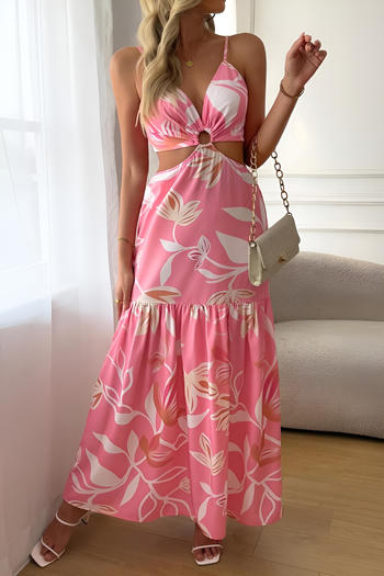 stylish vacation slight stretch leaf printing hollow out maxi dress