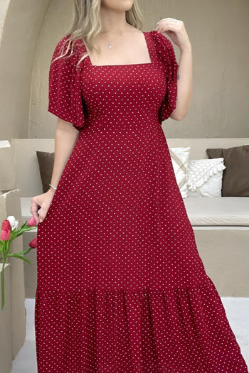 casual retro slight stretch polka dot printing square collar midi dress
