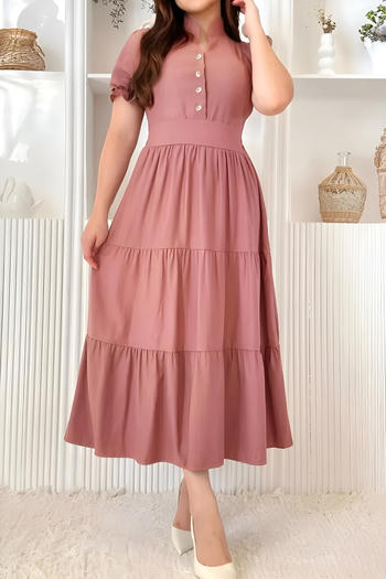 casual non-stretch solid colour stand collar short sleeve midi dress