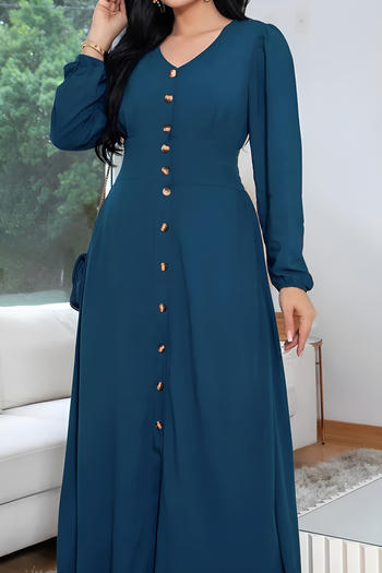 casual non-stretch solid colour v-neck single-breasted midi dress