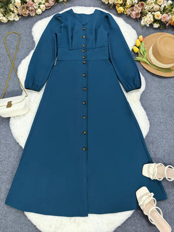 Casual non-stretch solid colour v-neck single-breasted midi dress