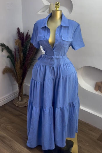 casual plus size non-stretch solid color short-sleeved maxi dress with belt