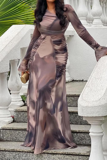 casual plus size slight stretch tie-dye printed pleated maxi dress