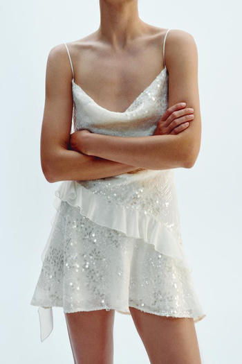 sexy slight stretch 3 colors sequin decor ruffle mini dress