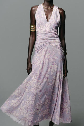 sexy slight stretch floral batch printing v-neck shirring maxi dress