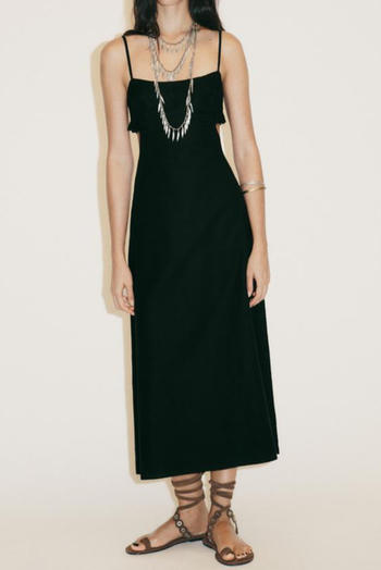 sexy non-stretch solid color hollow sling lace trim midi dress