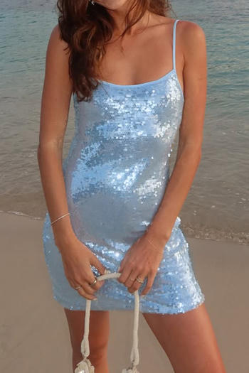 sexy slight stretch solid color sling slim sequins mini dress