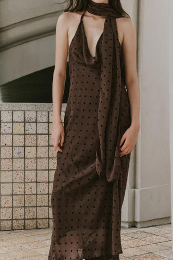 sexy non-stretch dot batch printing with scarf maxi dress
