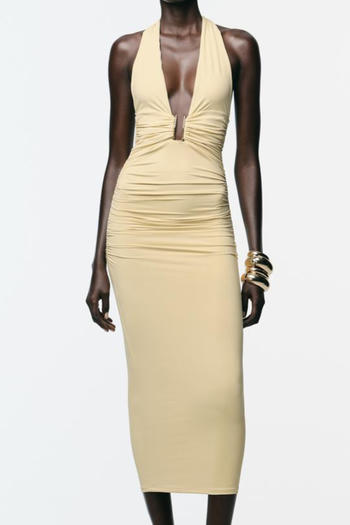 sexy slight stretch halter-neck solid color shirring midi dress