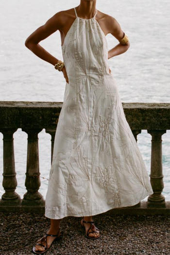 casual non-stretch beaded flower decor sling maxi dress