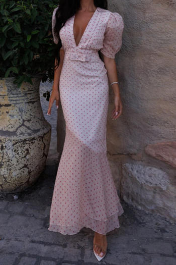 sexy non-stretch floral batch printing v-neck bow decor maxi dress