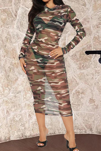 sexy slight stretch camo printing see-through mesh midi dress