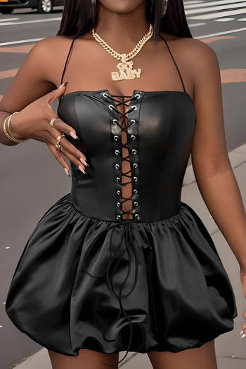 sexy slight stretch pu lace up slim balloon mini dress