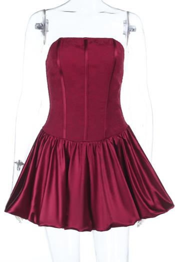 stylish slight stretch shirring tube top satin splicing mini dress
