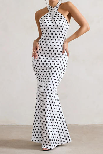 sexy slight stretch halter neck polka dot print backless mermaid maxi dress