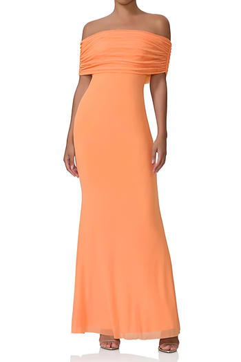 casual slight stretch solid color pleated off-shoulder mesh slim maxi dress