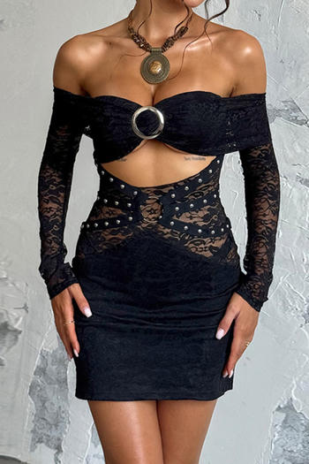 sexy stretch hollow see-through lace splicing tight off-shoulder mini dress